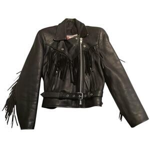 Black fringe vintage route 66 leather jacket